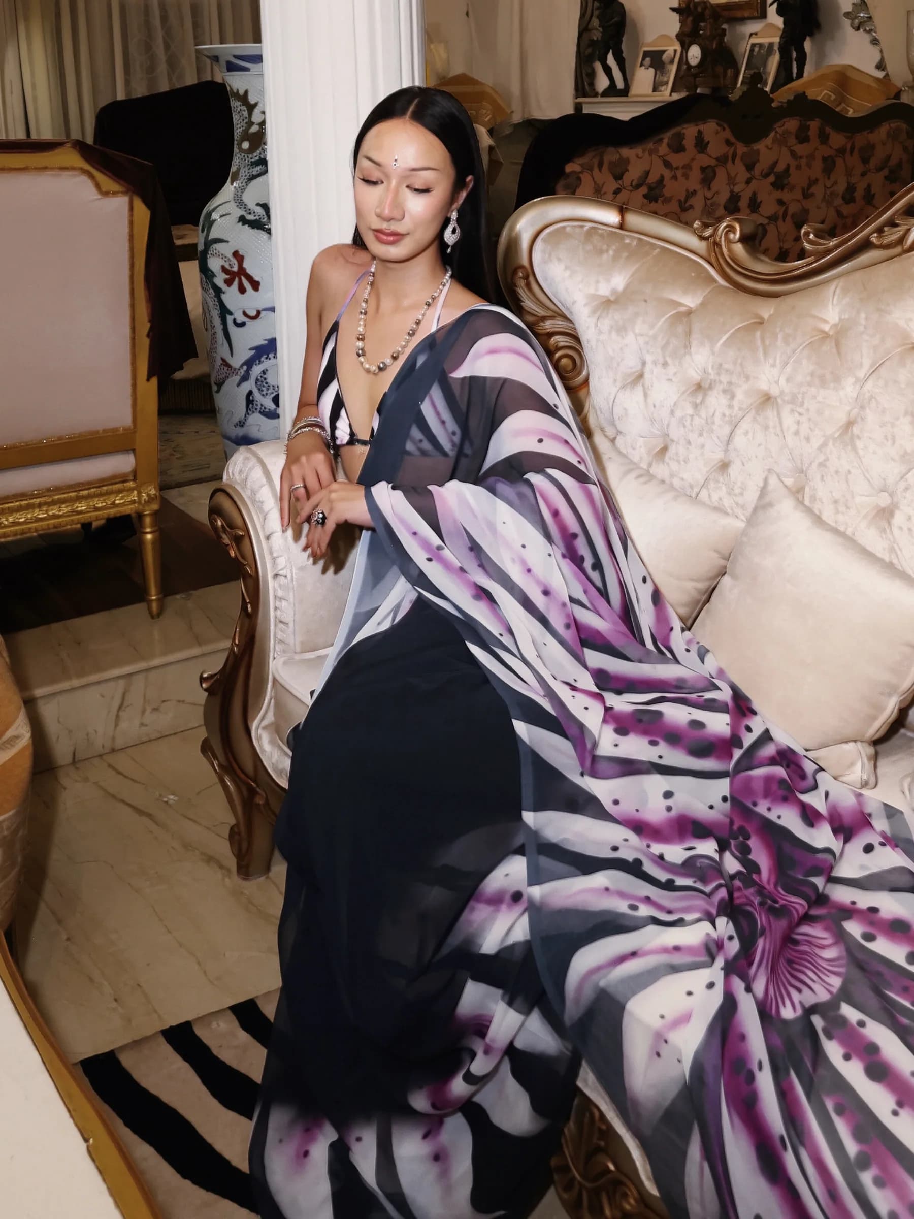 The printed saree in spider orchid